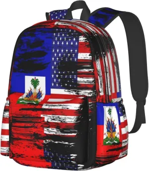 Haiti Haitian American Flag Large Travel Backpack Casual Backpacks Laptop Daypack Working Rucksack Lightweight Back Pack Sports Bag with Adjustable Shoulder Strap