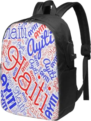 Haiti Haitian American Flag Travel Backpack 17-Inch Laptop Backpacks Business Rucksack Casual Sport Daypack with USB Charging Port Carry-on Bag for Camping Biking
