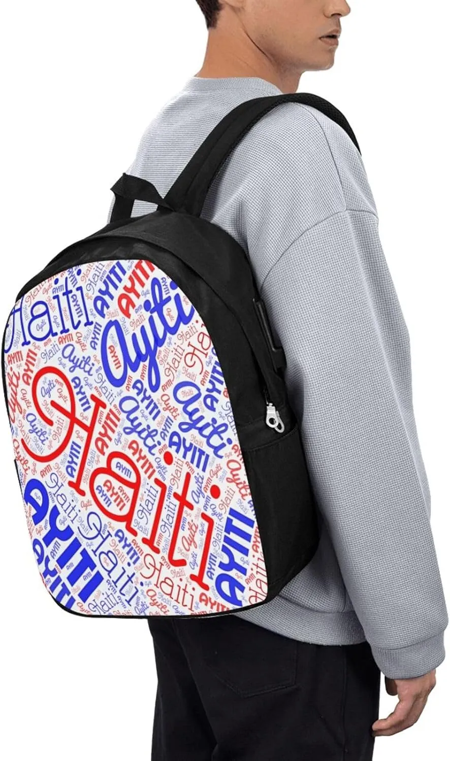 Haiti Haitian American Flag Travel Backpack 17-Inch Laptop Backpacks Business Rucksack Casual Sport Daypack with USB Charging Port Carry-on Bag for Camping Biking