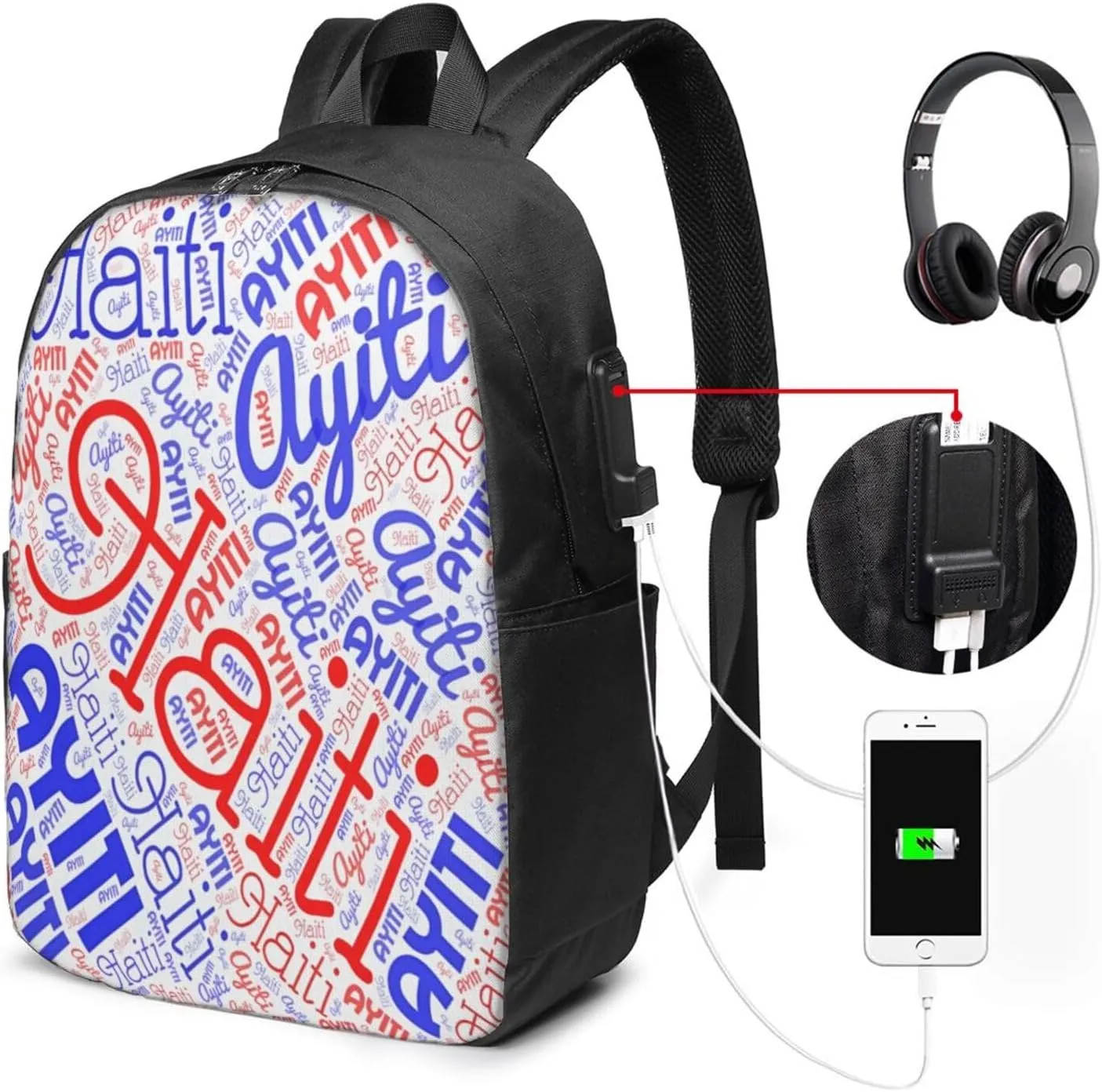 Haiti Haitian American Flag Travel Backpack 17-Inch Laptop Backpacks Business Rucksack Casual Sport Daypack with USB Charging Port Carry-on Bag for Camping Biking