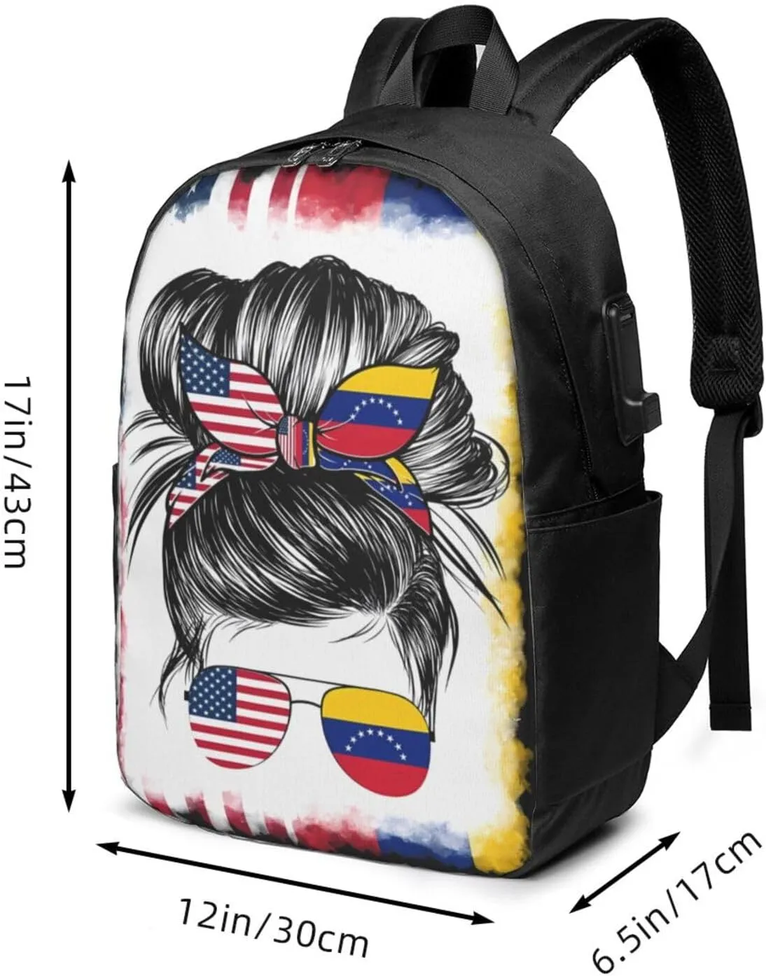 Half Venezuelan American Flag Venezuela Messy Hair Sunglasses Laptop Backpacks Travel Backpack Casual Business Daypack Sport Rucksack Computer Bag Fits up to 17 Inch Notebook with USB Port