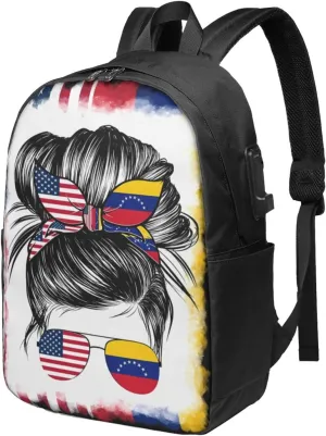 Half Venezuelan American Flag Venezuela Messy Hair Sunglasses Laptop Backpacks Travel Backpack Casual Business Daypack Sport Rucksack Computer Bag Fits up to 17 Inch Notebook with USB Port