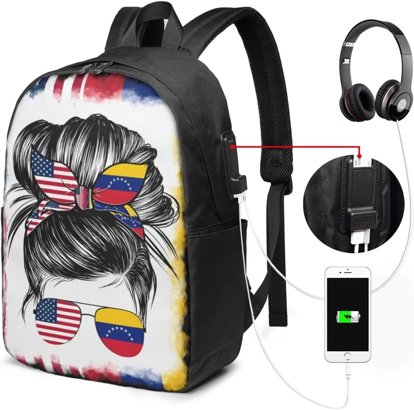Half Venezuelan American Flag Venezuela Messy Hair Sunglasses Laptop Backpacks Travel Backpack Casual Business Daypack Sport Rucksack Computer Bag Fits up to 17 Inch Notebook with USB Port