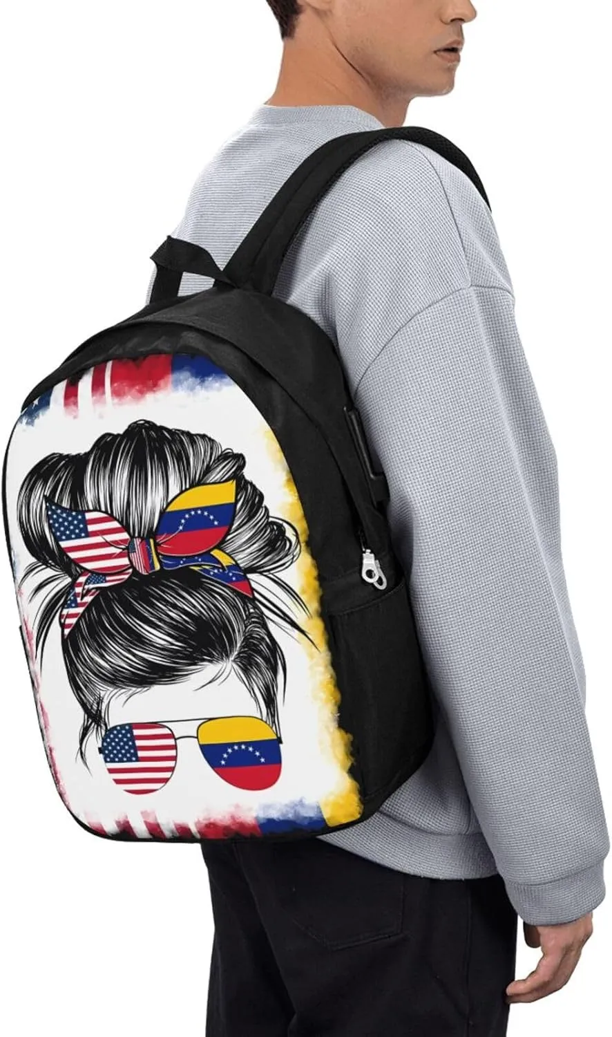Half Venezuelan American Flag Venezuela Messy Hair Sunglasses Laptop Backpacks Travel Backpack Casual Business Daypack Sport Rucksack Computer Bag Fits up to 17 Inch Notebook with USB Port