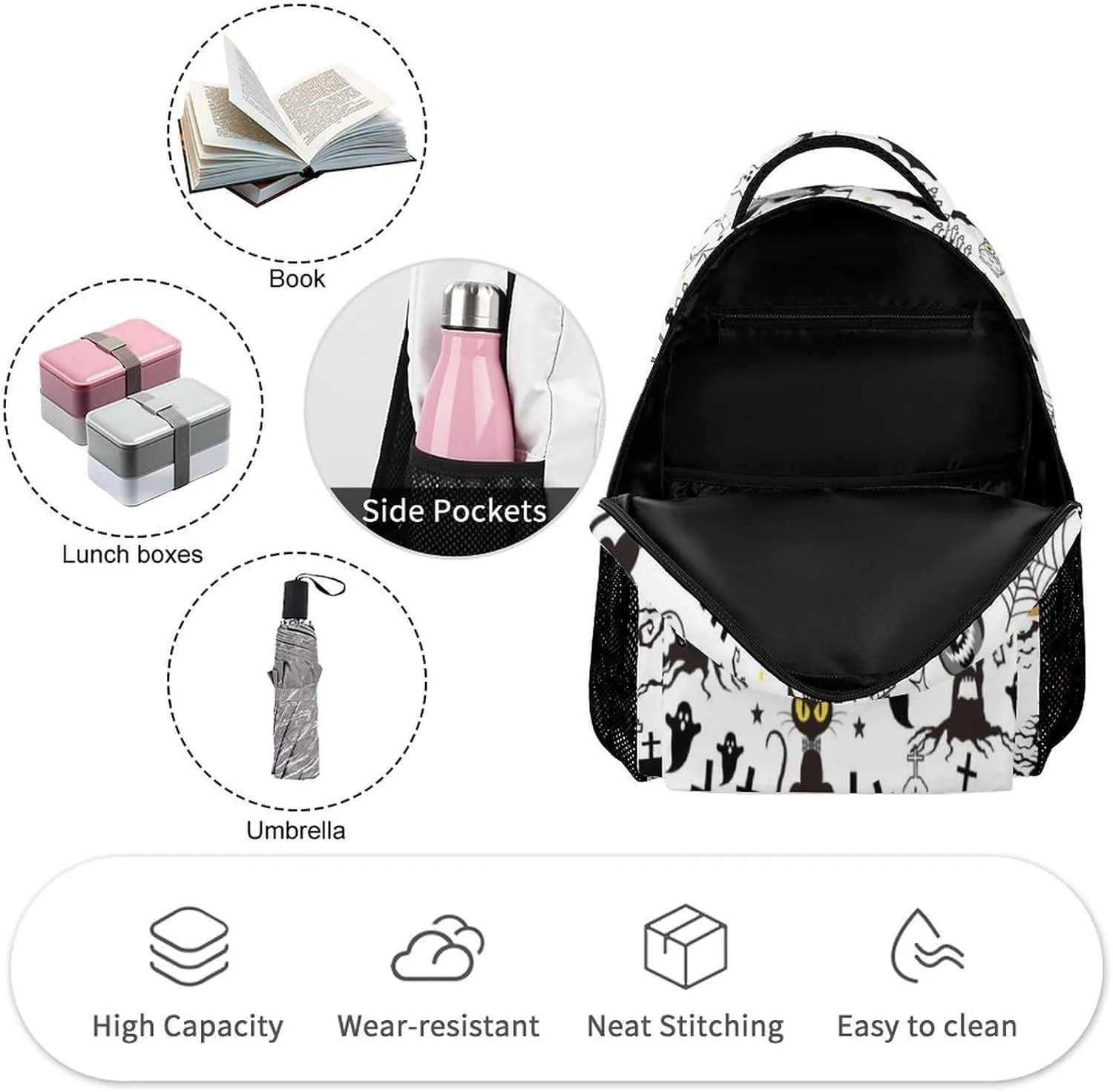 Halloween School Backpack for Kids Girls Boys, 16 Inch Scary Halloween Themed Bookbag, School Backpacks for Students Children, Lightweight, Large Capacity