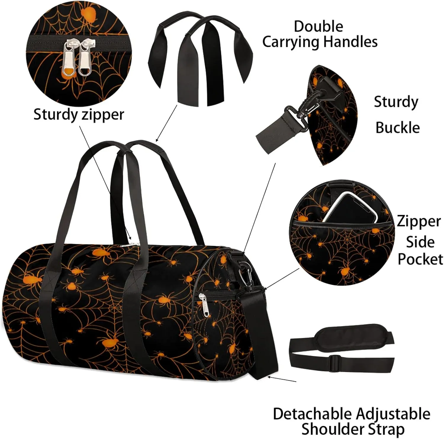 Halloween Spiders Web Sports Gym Bag for Men Women Lightweight Travel Duffle Bag with Shoulder Strap Waterproof Carry On Weekender Overnight Bag for Travel Sports Gym