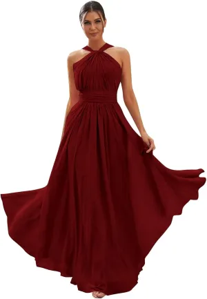 Halter Chiffon Bridesmaid Dresses for Women A Line Long Pleated Formal Evening Gown