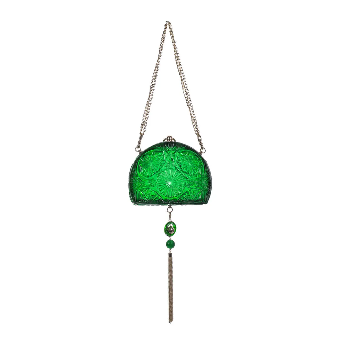 Hand Carved Fan Clutch Emerald Green