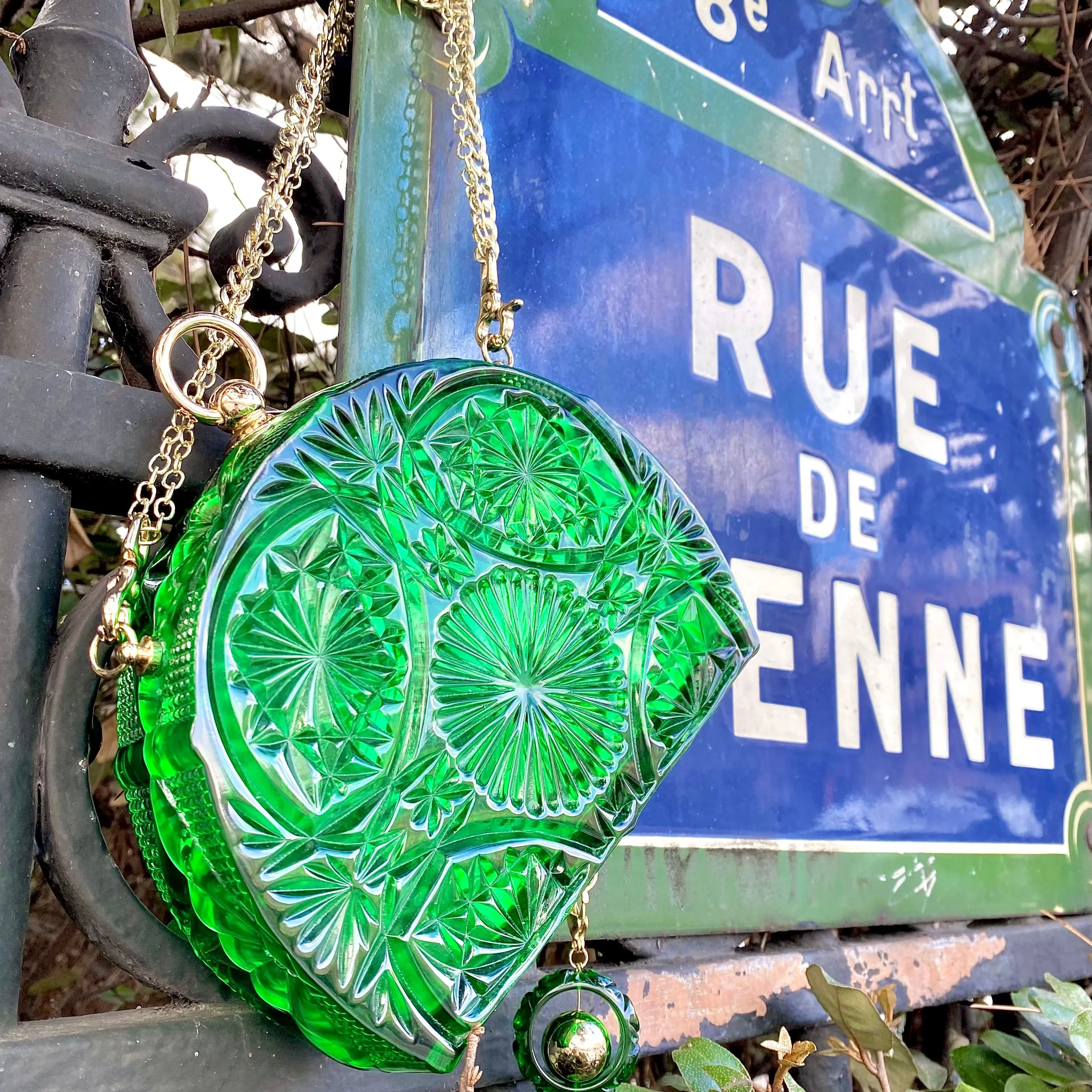 Hand Carved Fan Clutch Emerald Green