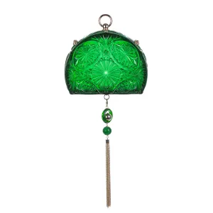 Hand Carved Fan Clutch Emerald Green