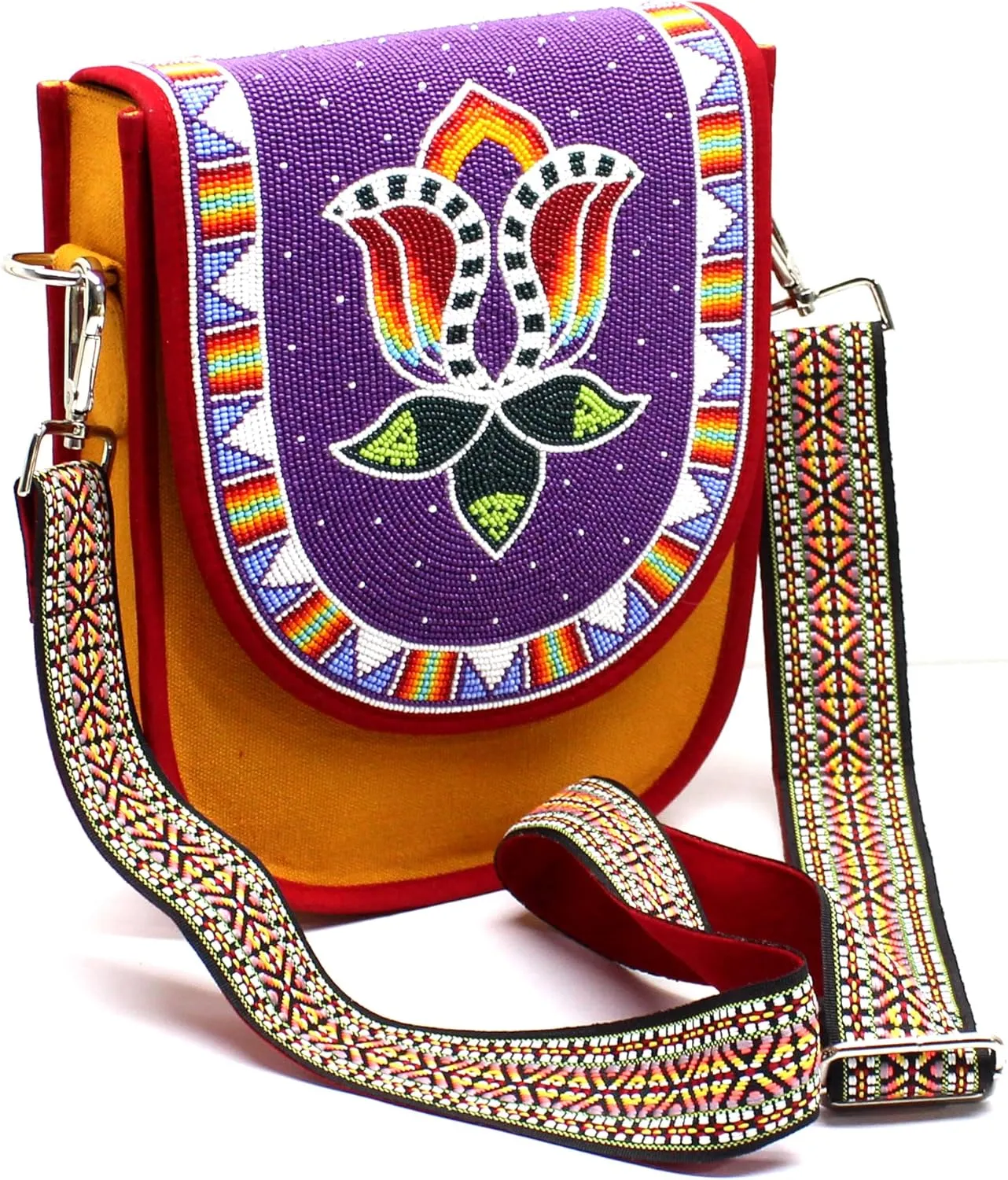 Handmade Beaded Bag,Native American Style Canvas Crossbody Unisex Handbag With Adjustable Strap,Seed Beaded Shoulder Handbag.