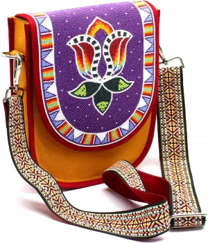 Handmade Beaded Bag,Native American Style Canvas Crossbody Unisex Handbag With Adjustable Strap,Seed Beaded Shoulder Handbag.
