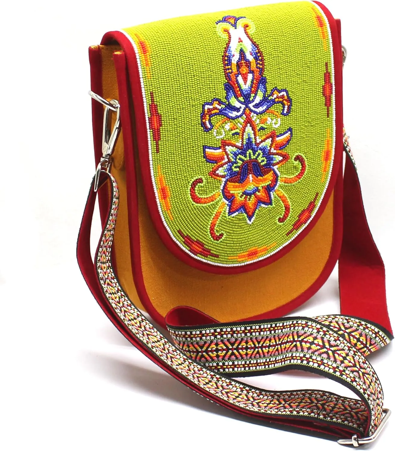 Handmade Beaded Bag,Native American Style Canvas Crossbody Unisex Handbag With Adjustable Strap,Seed Beaded Shoulder Handbag.
