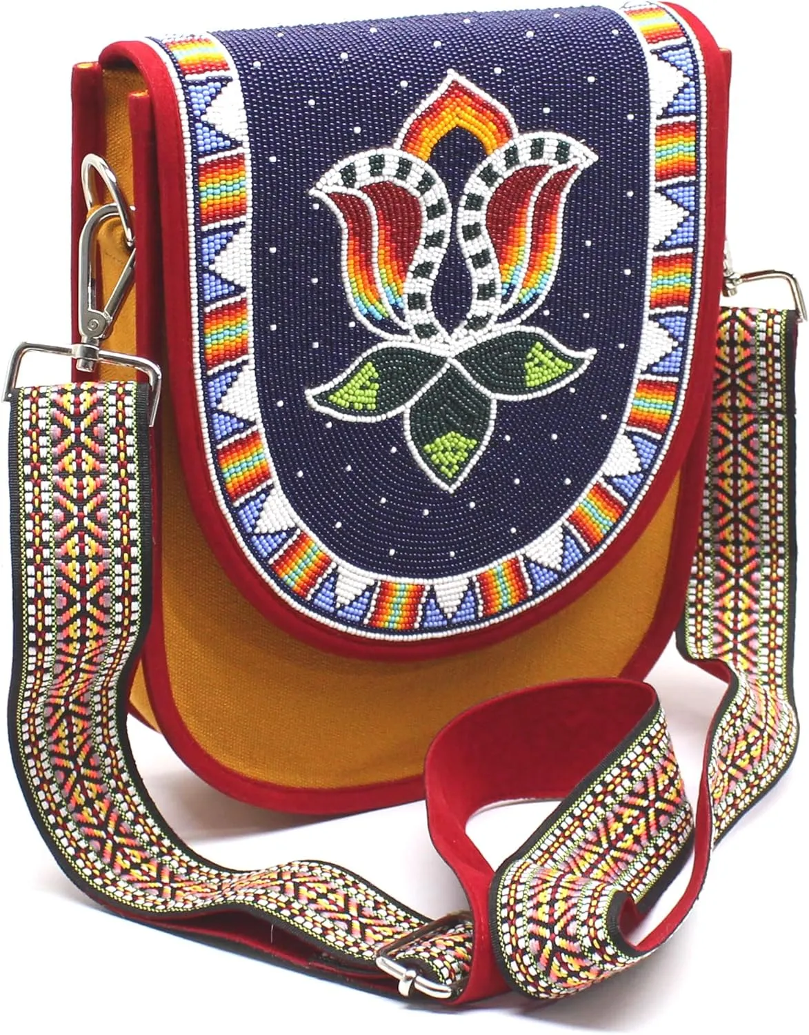 Handmade Beaded Bag,Native American Style Canvas Crossbody Unisex Handbag With Adjustable Strap,Seed Beaded Shoulder Handbag.