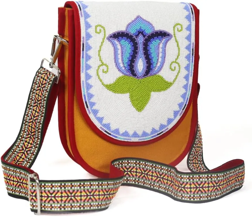 Handmade Beaded Bag,Native American Style Canvas Crossbody Unisex Handbag With Adjustable Strap,Seed Beaded Shoulder Handbag.