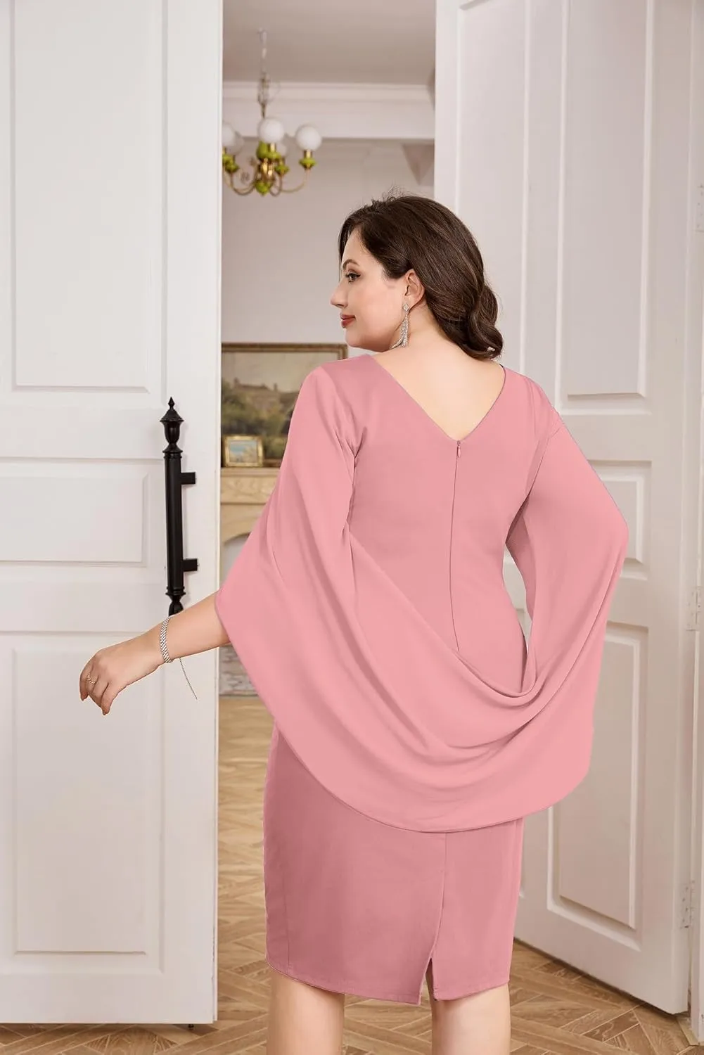 Hanna Nikole Women Plus Size Chiffon Cape Dresses Ruffle Style Midi Bodycon Cocktail Dress