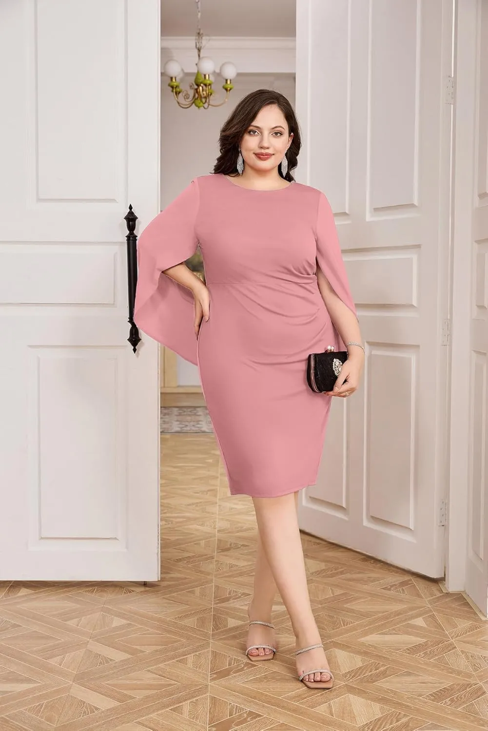 Hanna Nikole Women Plus Size Chiffon Cape Dresses Ruffle Style Midi Bodycon Cocktail Dress