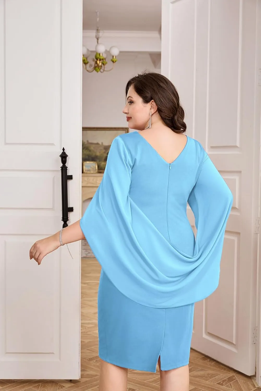 Hanna Nikole Women Plus Size Chiffon Cape Dresses Ruffle Style Midi Bodycon Cocktail Dress