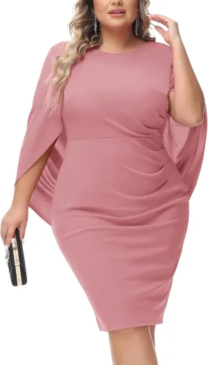 Hanna Nikole Women Plus Size Chiffon Cape Dresses Ruffle Style Midi Bodycon Cocktail Dress