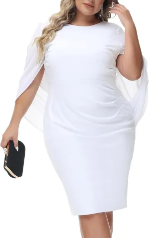 Hanna Nikole Women Plus Size Chiffon Cape Dresses Ruffle Style Midi Bodycon Cocktail Dress