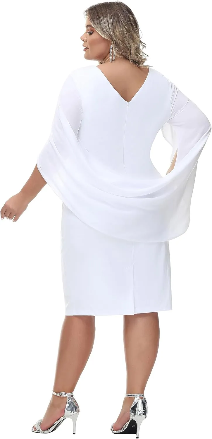 Hanna Nikole Women Plus Size Chiffon Cape Dresses Ruffle Style Midi Bodycon Cocktail Dress