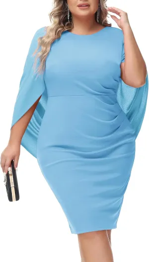Hanna Nikole Women Plus Size Chiffon Cape Dresses Ruffle Style Midi Bodycon Cocktail Dress