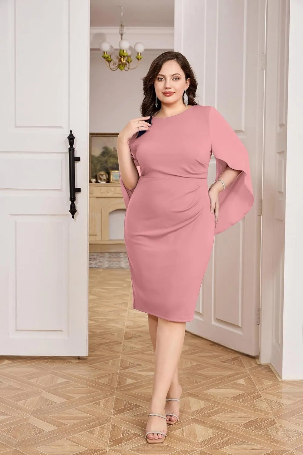 Hanna Nikole Women Plus Size Chiffon Cape Dresses Ruffle Style Midi Bodycon Cocktail Dress