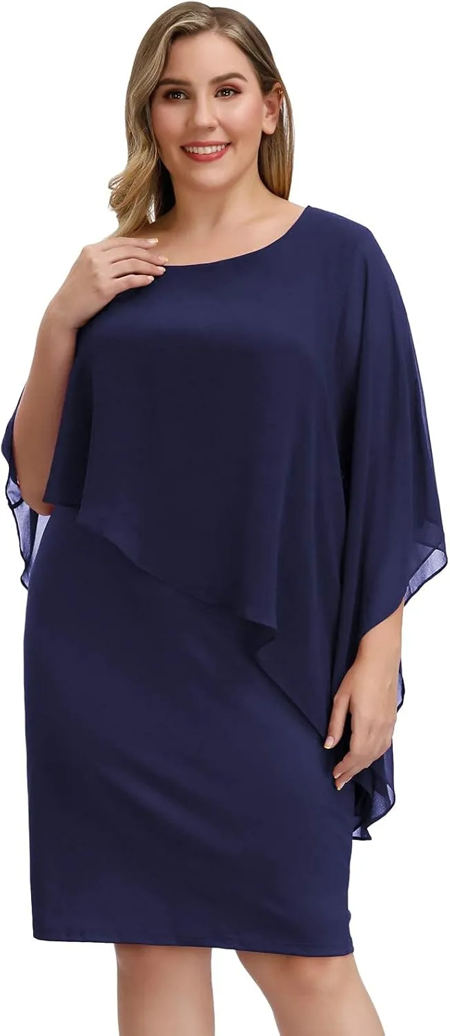 Hanna Nikole Women's Sleeveless Cape Dress with Chiffon Overlay Sequin Bodycon Pencil Dress