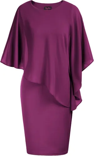 Hanna Nikole Women's Sleeveless Cape Dress with Chiffon Overlay Sequin Bodycon Pencil Dress