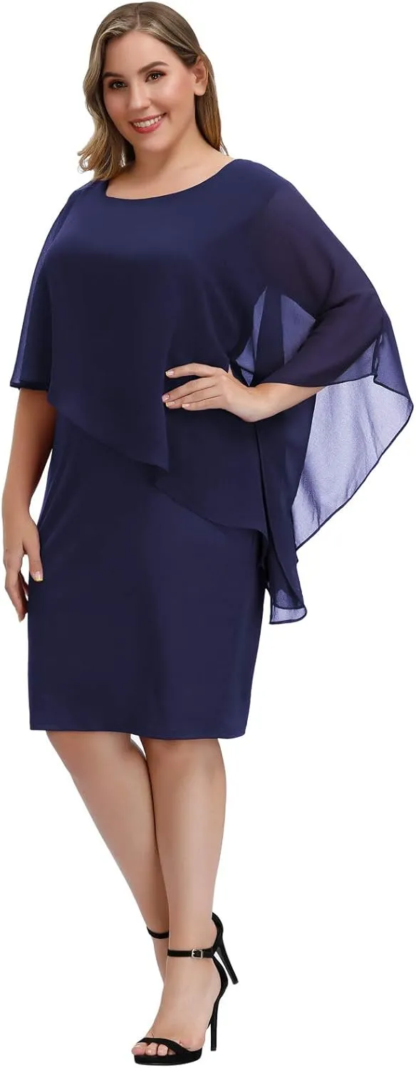 Hanna Nikole Women's Sleeveless Cape Dress with Chiffon Overlay Sequin Bodycon Pencil Dress
