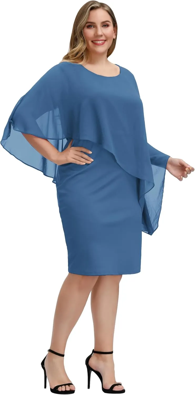 Hanna Nikole Women's Sleeveless Cape Dress with Chiffon Overlay Sequin Bodycon Pencil Dress