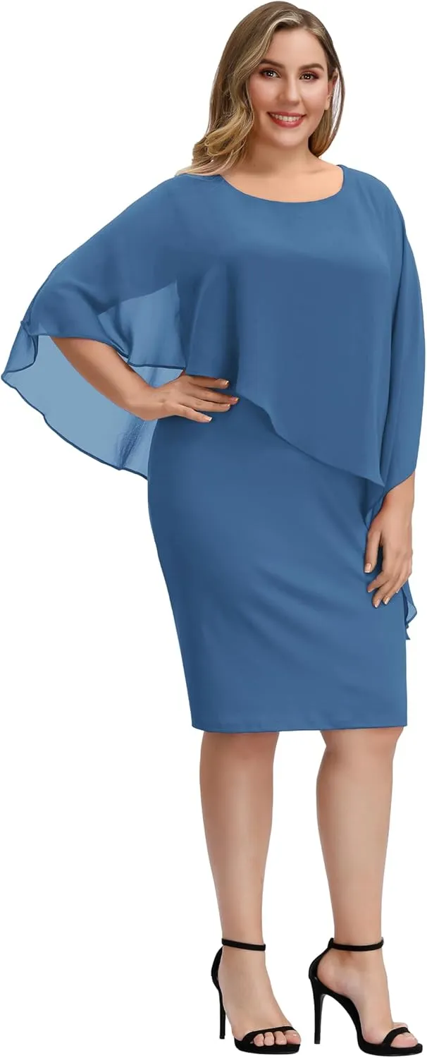 Hanna Nikole Women's Sleeveless Cape Dress with Chiffon Overlay Sequin Bodycon Pencil Dress