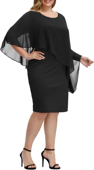 Hanna Nikole Women's Sleeveless Cape Dress with Chiffon Overlay Sequin Bodycon Pencil Dress