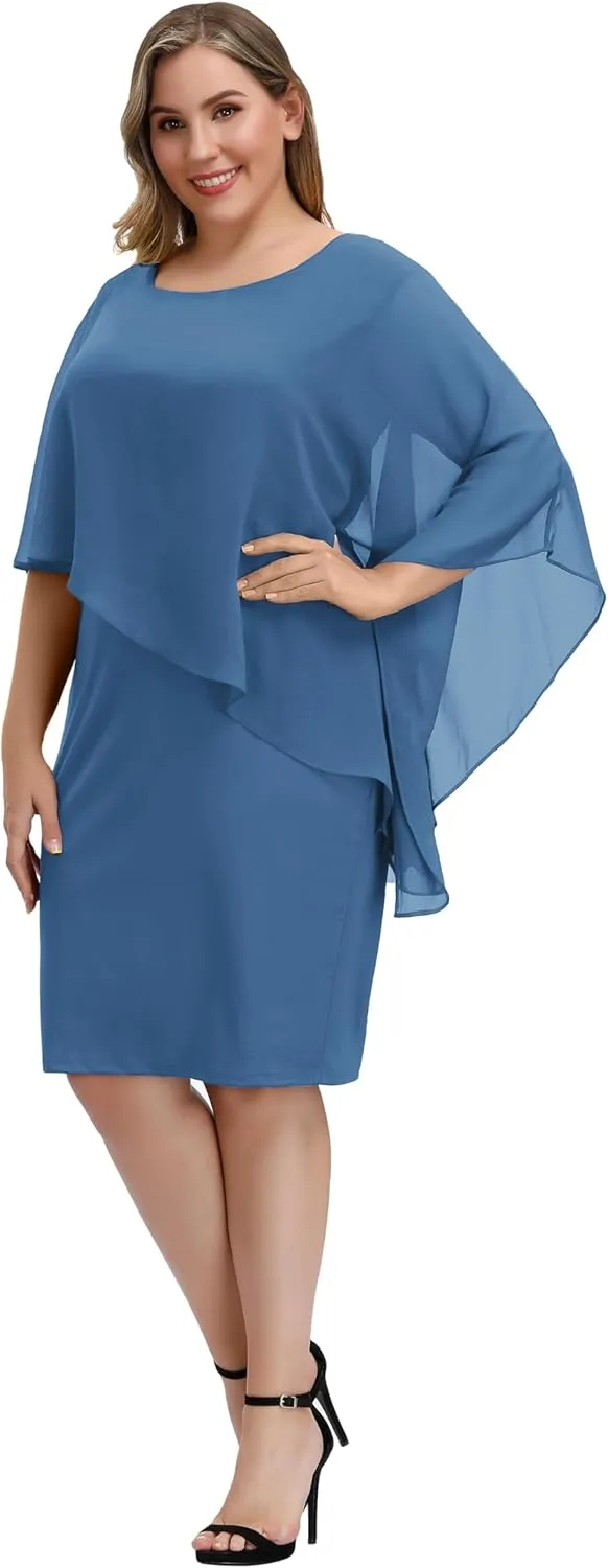 Hanna Nikole Women's Sleeveless Cape Dress with Chiffon Overlay Sequin Bodycon Pencil Dress