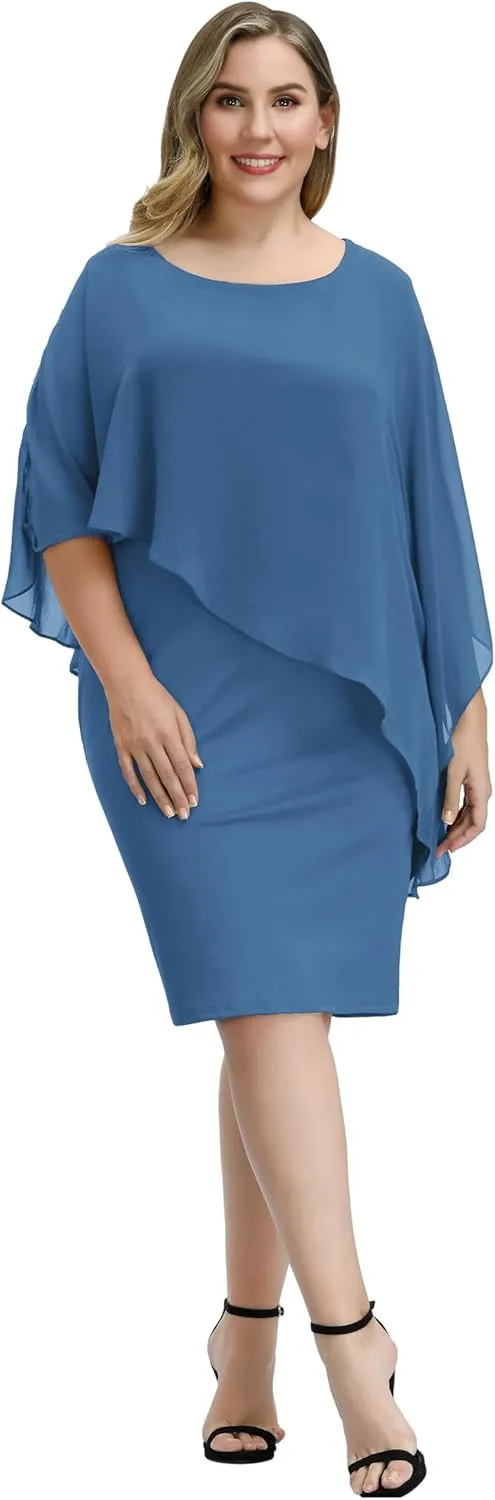 Hanna Nikole Women's Sleeveless Cape Dress with Chiffon Overlay Sequin Bodycon Pencil Dress