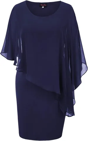 Hanna Nikole Women's Sleeveless Cape Dress with Chiffon Overlay Sequin Bodycon Pencil Dress