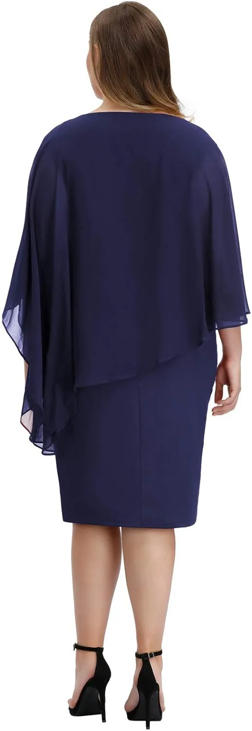 Hanna Nikole Women's Sleeveless Cape Dress with Chiffon Overlay Sequin Bodycon Pencil Dress