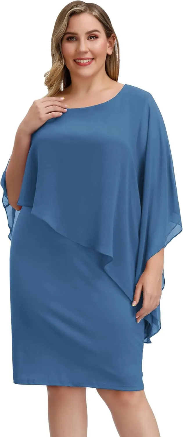 Hanna Nikole Women's Sleeveless Cape Dress with Chiffon Overlay Sequin Bodycon Pencil Dress