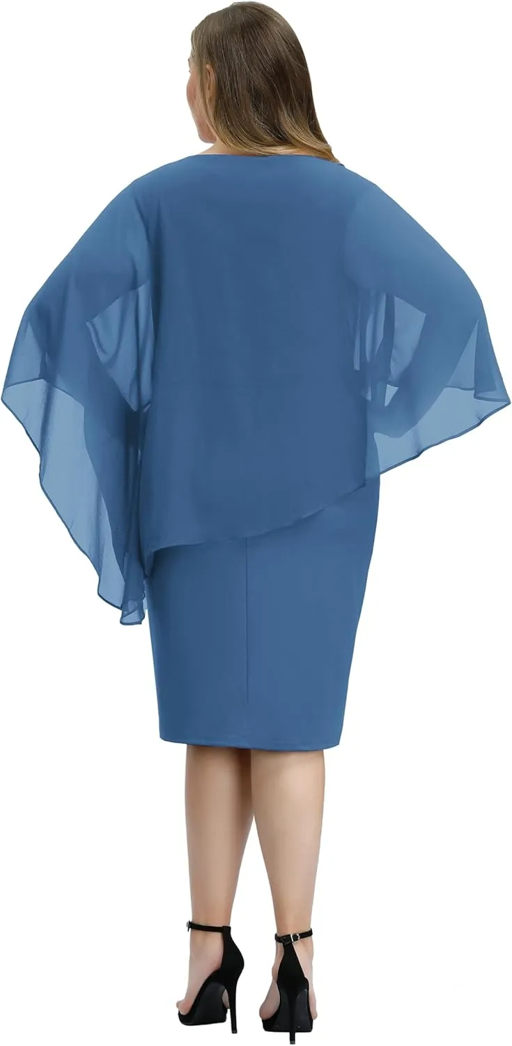Hanna Nikole Women's Sleeveless Cape Dress with Chiffon Overlay Sequin Bodycon Pencil Dress