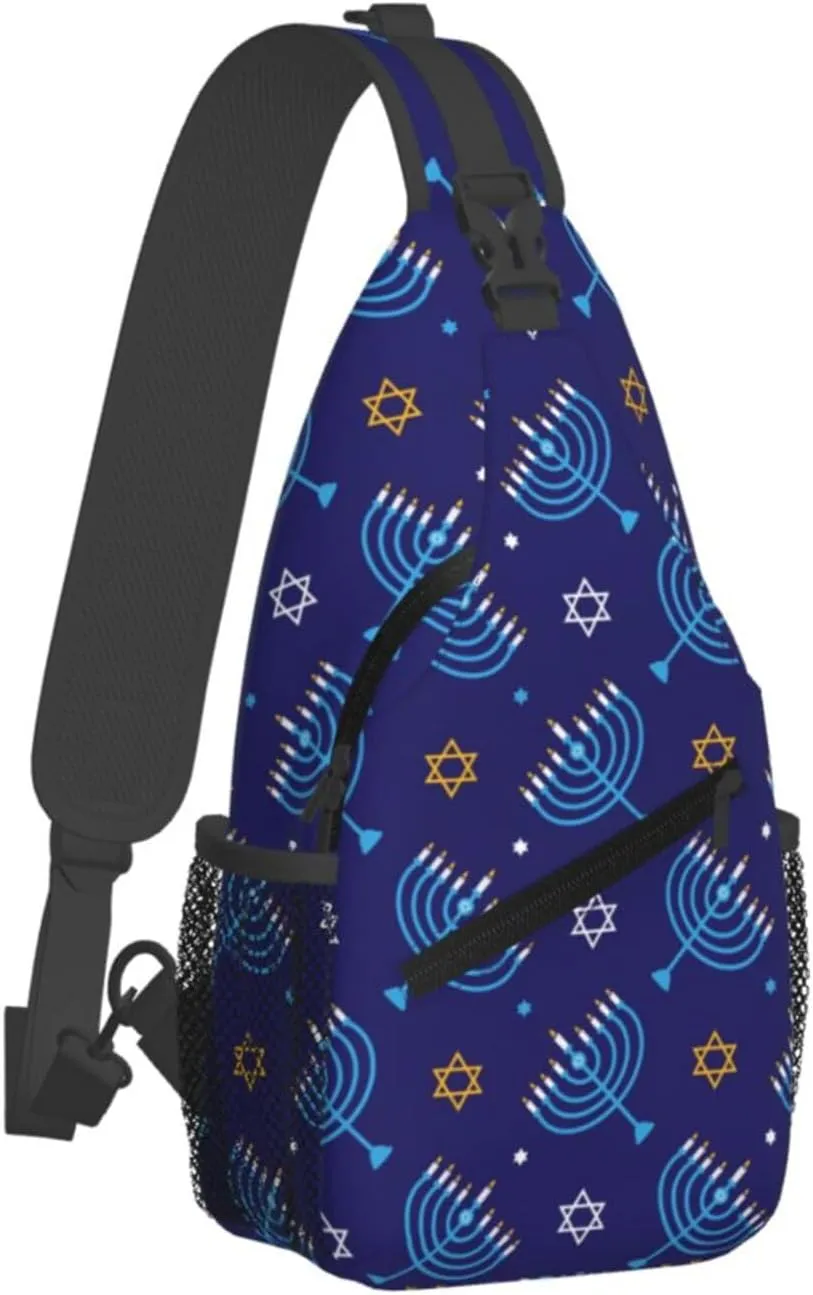 Hanukkah Hat Blue Shiny Lamps Sling Bag,Funny Crossbody Backpack Shoulder Chest Bag for Women Men