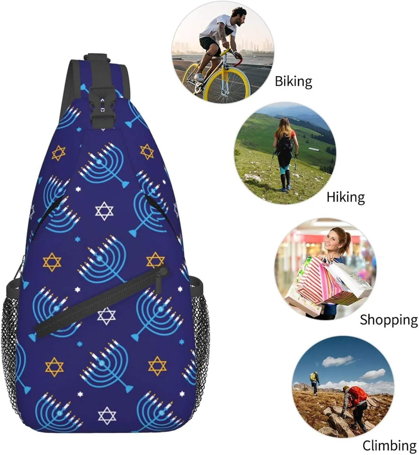 Hanukkah Hat Blue Shiny Lamps Sling Bag,Funny Crossbody Backpack Shoulder Chest Bag for Women Men