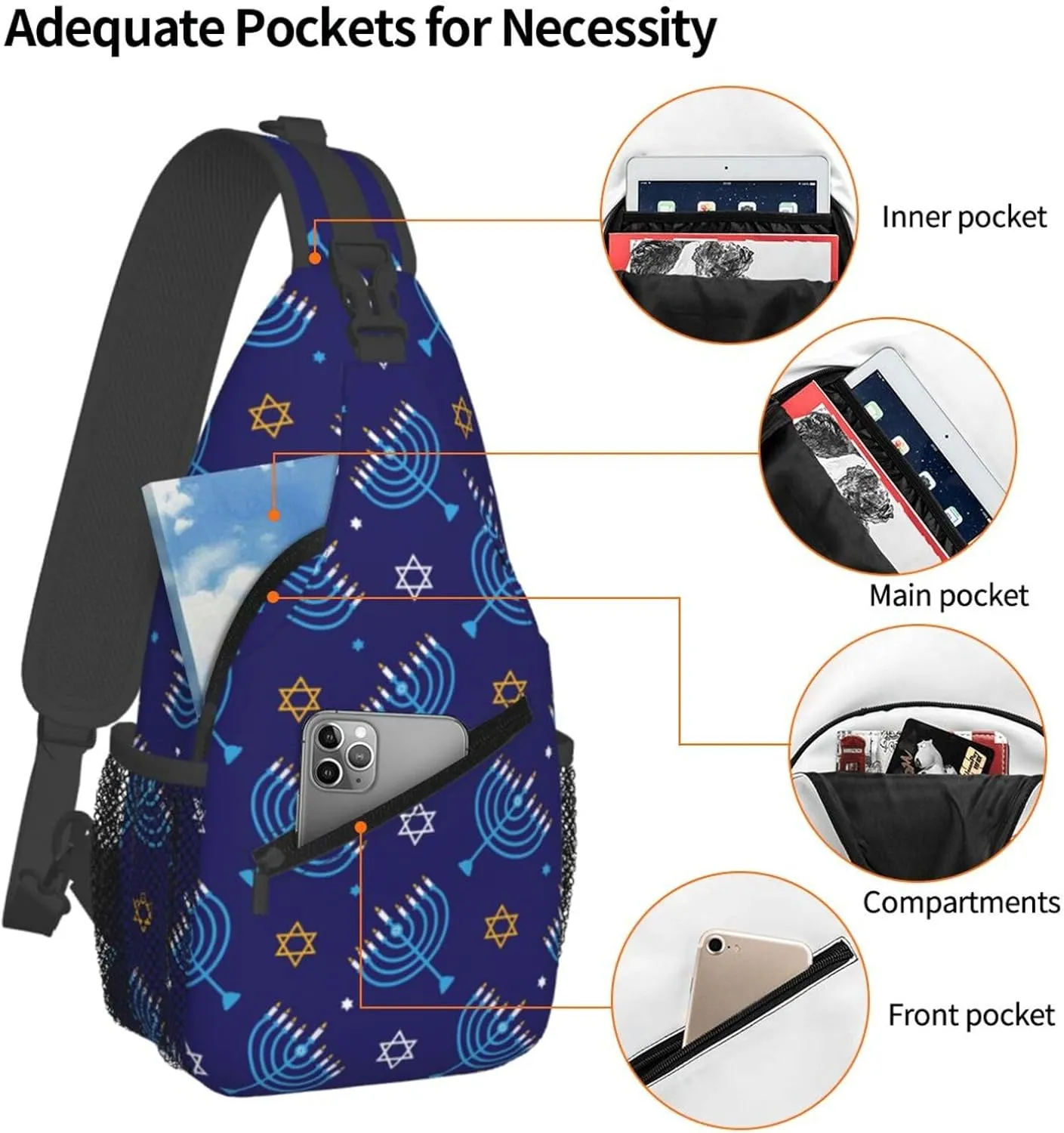 Hanukkah Hat Blue Shiny Lamps Sling Bag,Funny Crossbody Backpack Shoulder Chest Bag for Women Men