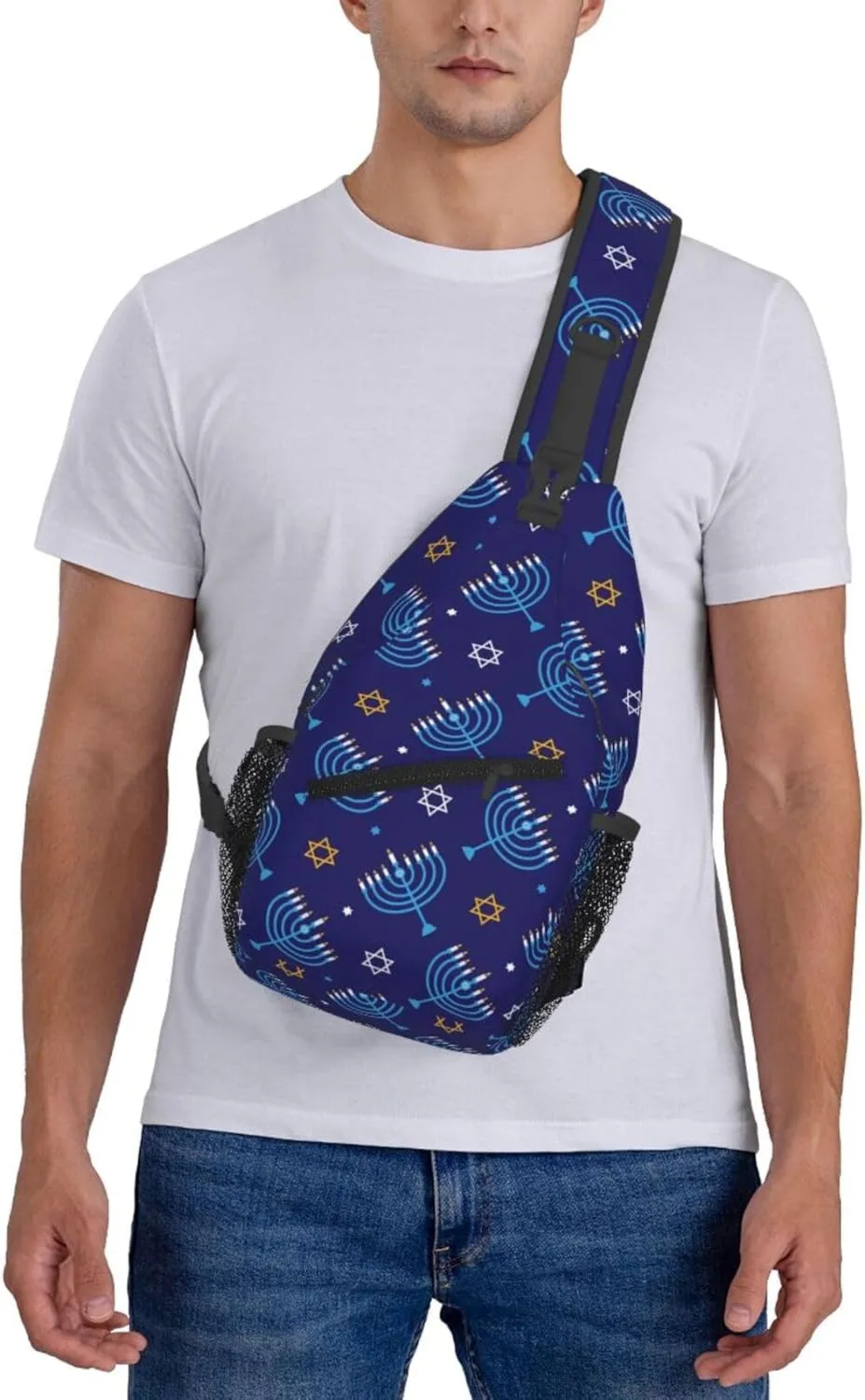 Hanukkah Hat Blue Shiny Lamps Sling Bag,Funny Crossbody Backpack Shoulder Chest Bag for Women Men