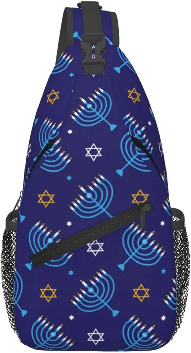 Hanukkah Hat Blue Shiny Lamps Sling Bag,Funny Crossbody Backpack Shoulder Chest Bag for Women Men