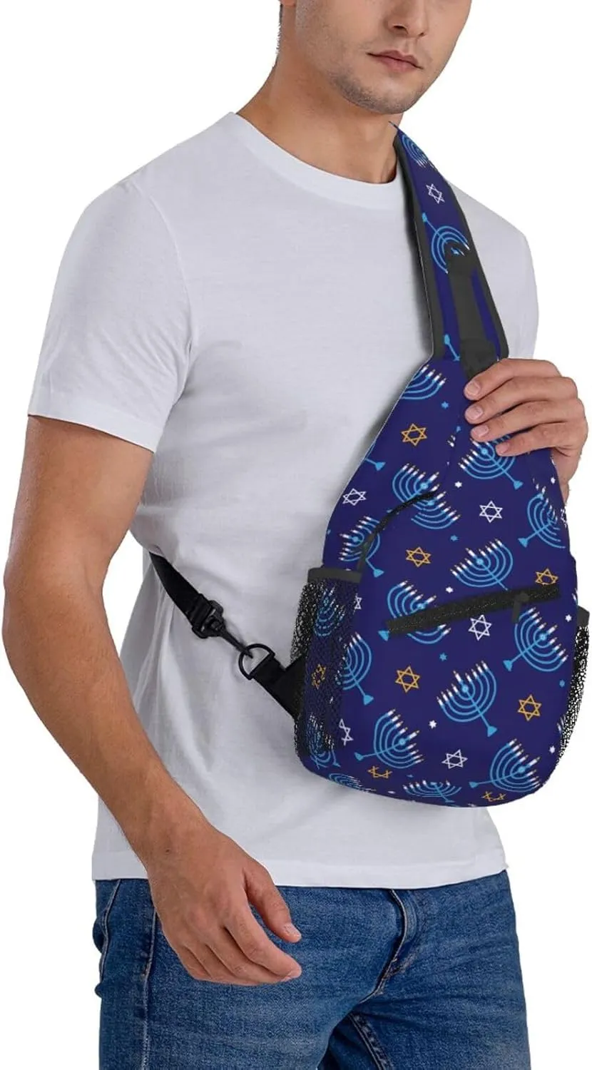 Hanukkah Hat Blue Shiny Lamps Sling Bag,Funny Crossbody Backpack Shoulder Chest Bag for Women Men