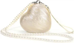 Heart Shaped Purse Pearl Acrylic Clutch Purse Evening Shell Handbag Crossbody Bags Summer Mini Shoulder Beaded Hand Bag Cute Chain Beach Wedding Guest Dresses For Women Prom