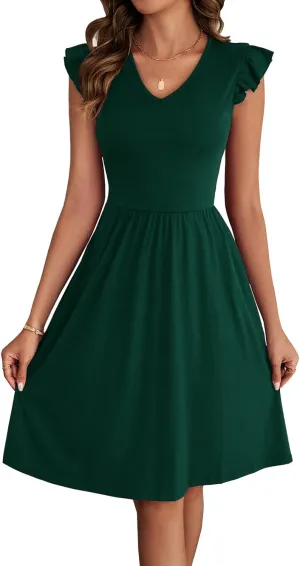HELYO Women's Summer Dresses Cute V Neck Ruffle Sleeve Cocktail Short Work Casual Dress with Pockets 648