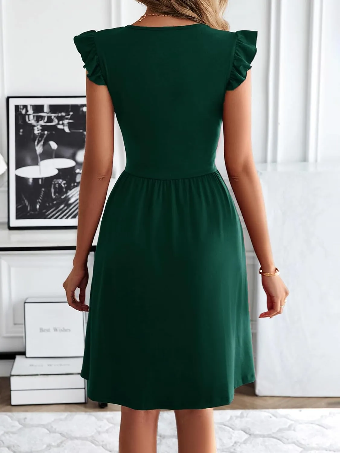 HELYO Women's Summer Dresses Cute V Neck Ruffle Sleeve Cocktail Short Work Casual Dress with Pockets 648