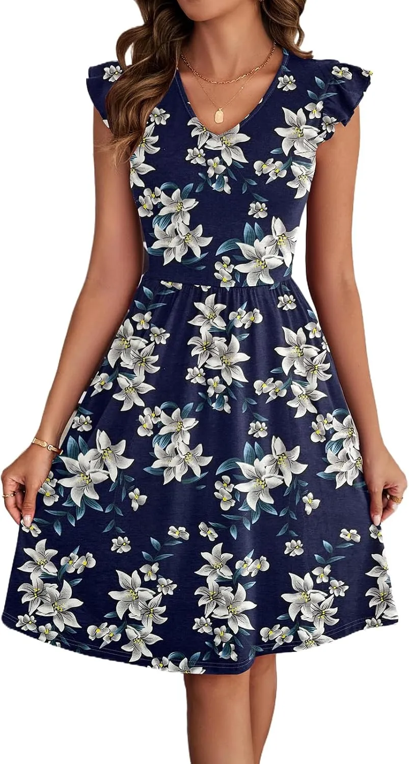 HELYO Women's Summer Dresses Cute V Neck Ruffle Sleeve Cocktail Short Work Casual Dress with Pockets 648