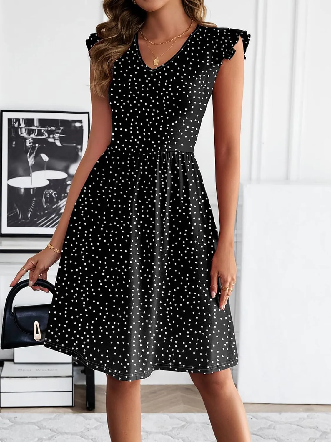 HELYO Women's Summer Dresses Cute V Neck Ruffle Sleeve Cocktail Short Work Casual Dress with Pockets 648